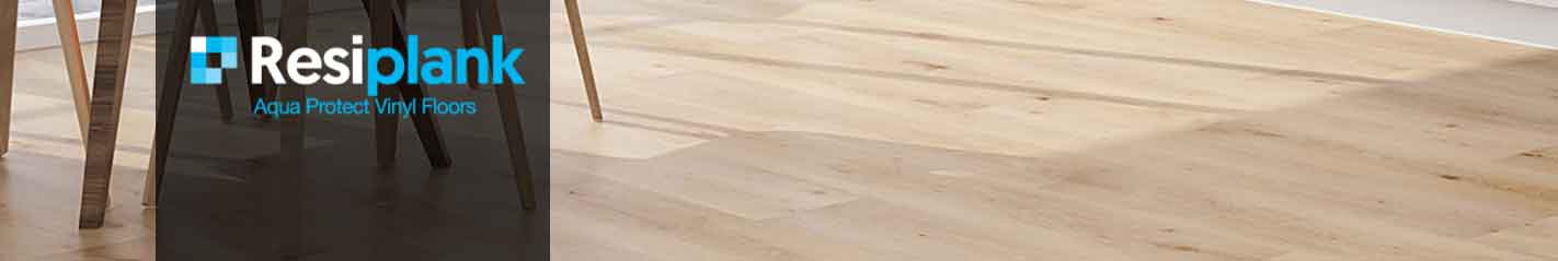 Resiplank vinyl flooring featuring a light wood design and Aqua Protect branding, showcasing durability and style for modern interiors.