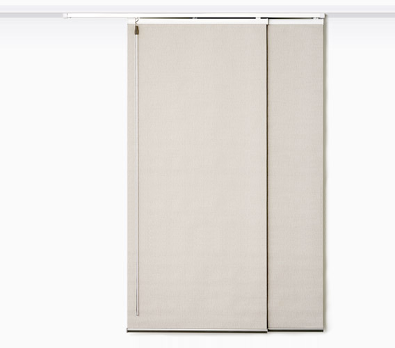 Panel Glide window treatment in a neutral fabric, featuring a sleek design and wand control, suitable for sliding doors and large windows, enhancing décor and privacy.