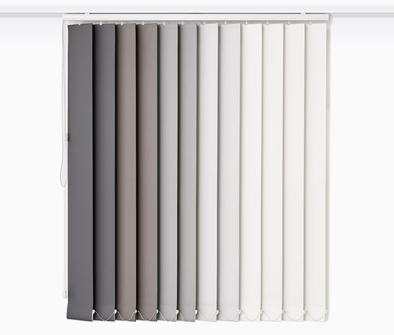 Vertical blinds in various shades of gray and white, showcasing versatility and modern design, ideal for regulating light and privacy in residential and commercial spaces.