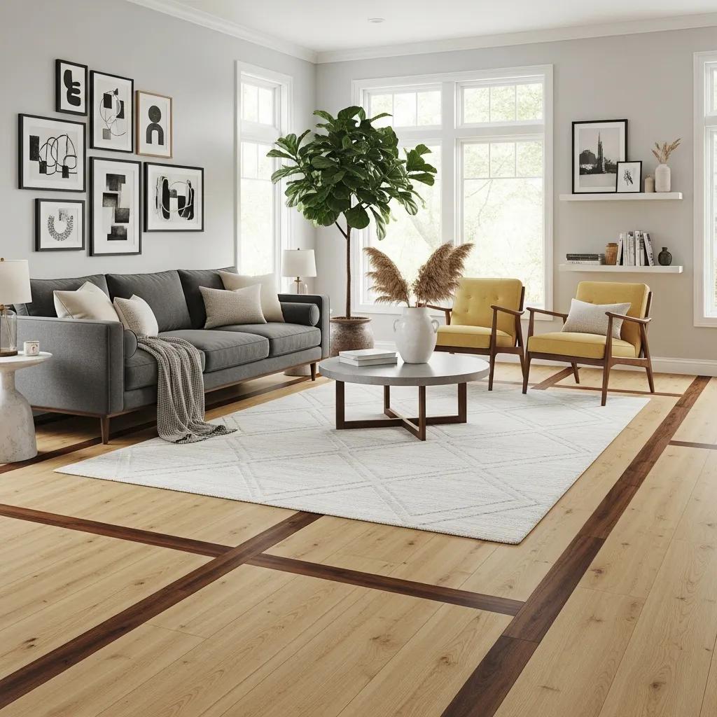 Modern living room with laminate flooring in light oak and walnut tones, showcasing stylish decor