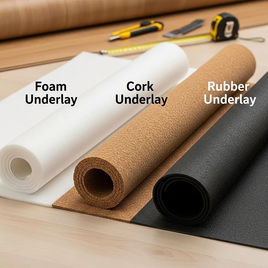 Various underlay materials for laminate flooring including foam, cork, and rubber, displayed in a flooring installation context