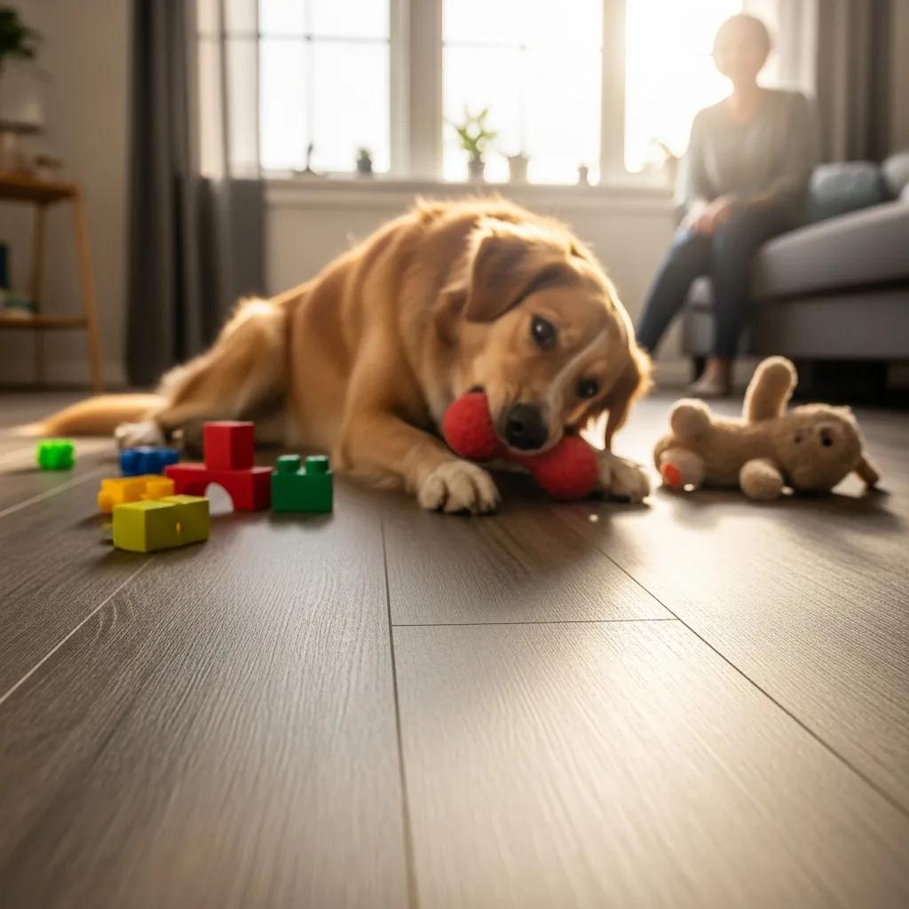 Close-up of scratch-resistant vinyl flooring with a dog playing, highlighting durability in active households