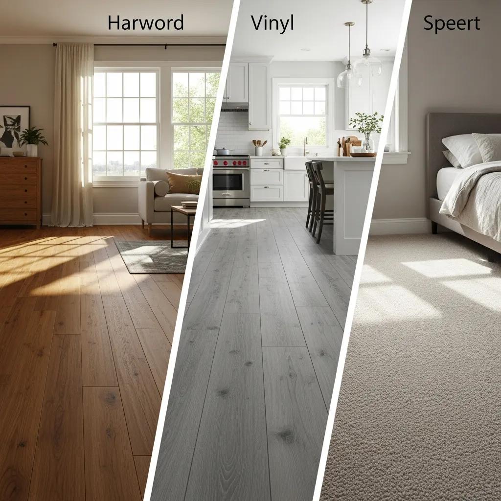 Comparison of hardwood, vinyl, and carpet flooring in a side-by-side layout showcasing their textures and colours
