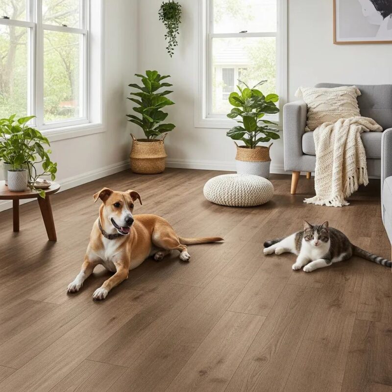 Cozy living room with waterproof flooring, showcasing pet-friendly features and natural light