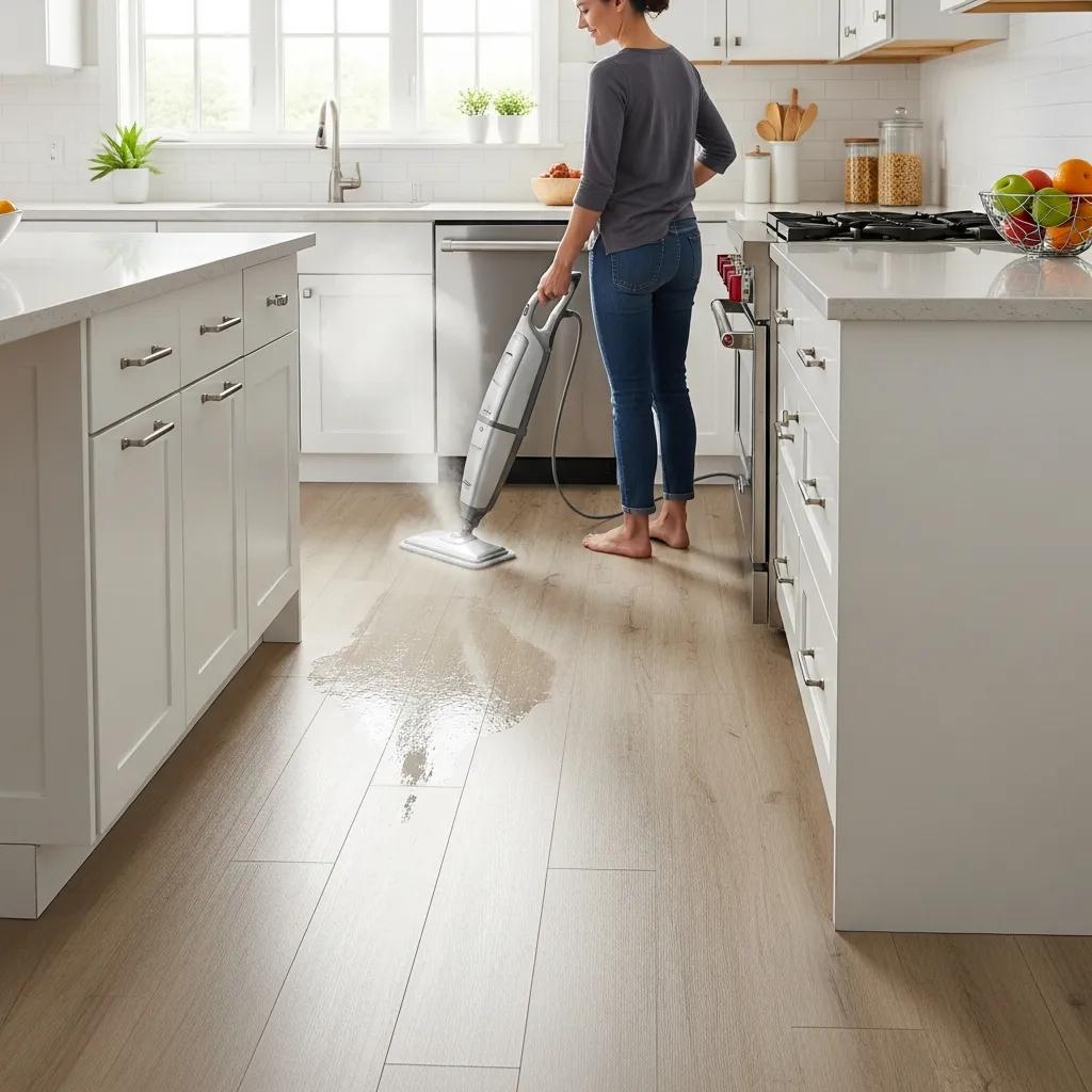 Person using a steam mop on waterproof flooring in a clean kitchen, demonstrating maintenance tips