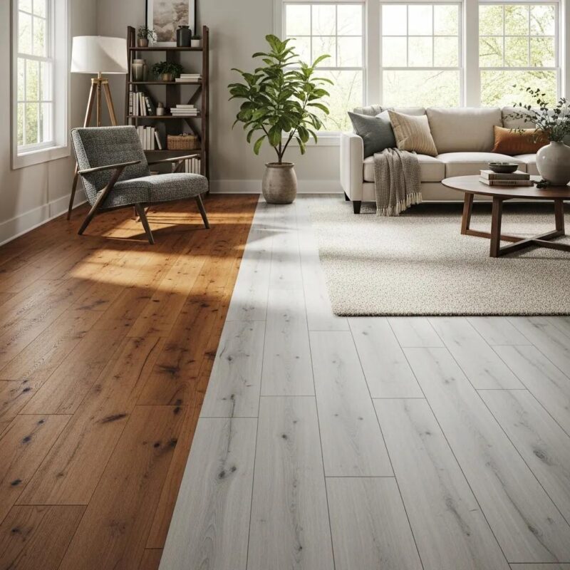 Various flooring options in a beautifully designed interior space, showcasing hardwood, vinyl, and carpet