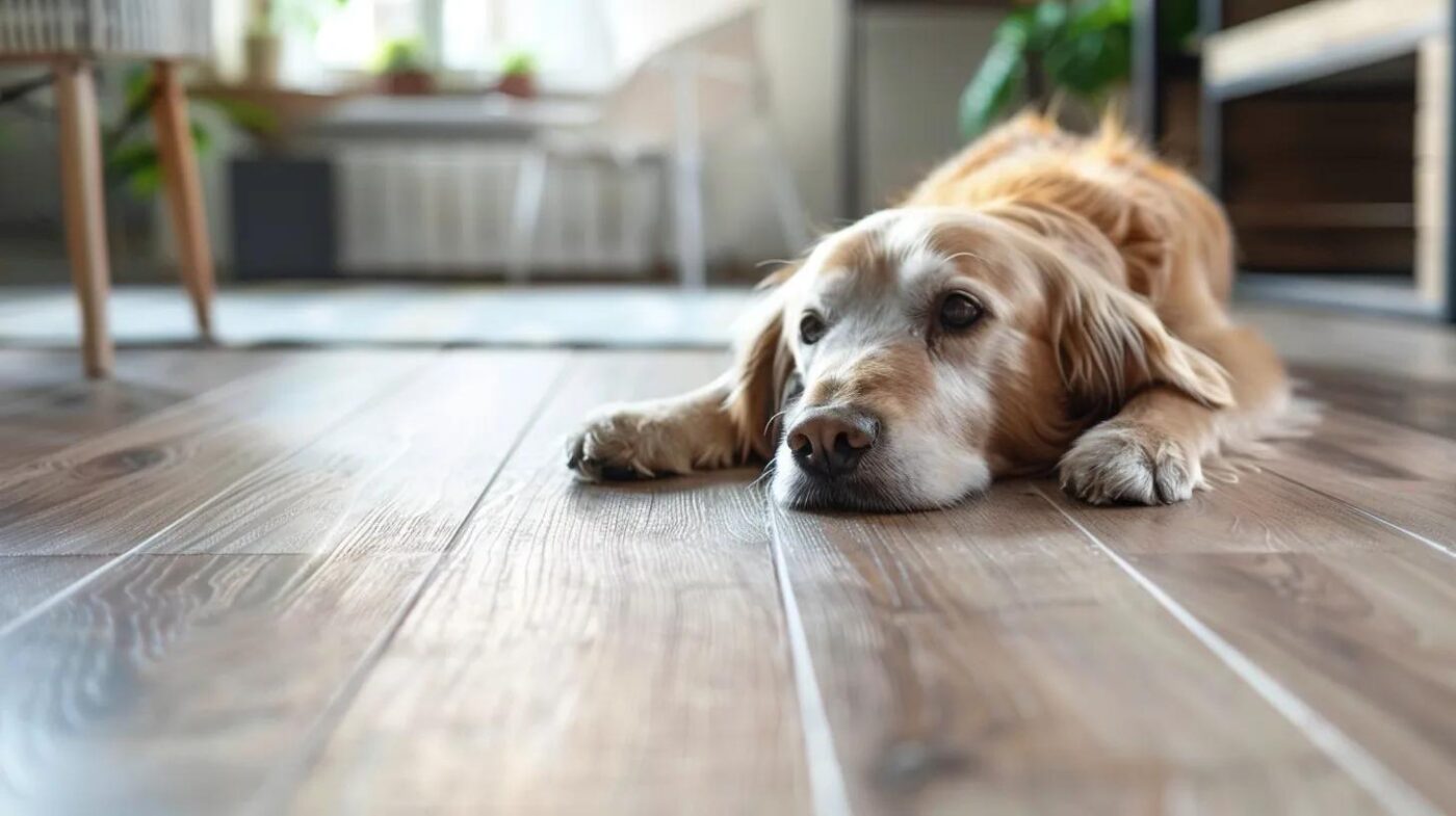 pet playing in a house with laminate flooring