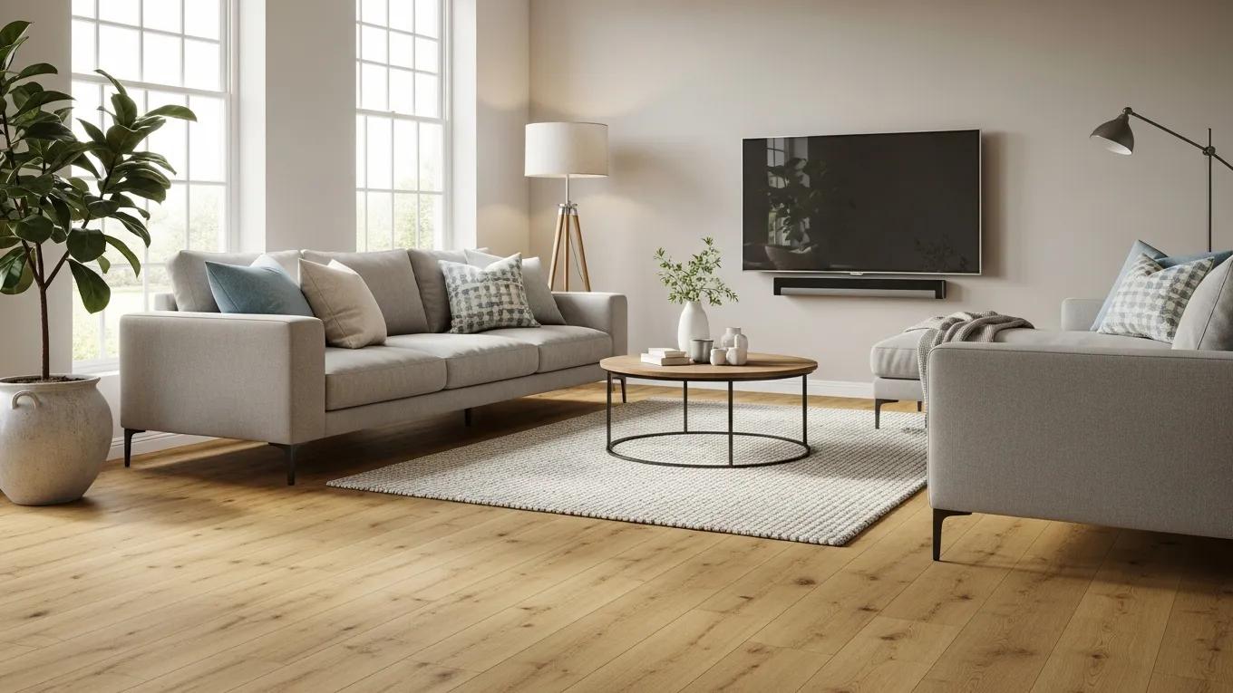 Stylish living room with Quick Step laminate flooring, emphasizing its natural wood-like appearance and inviting ambiance