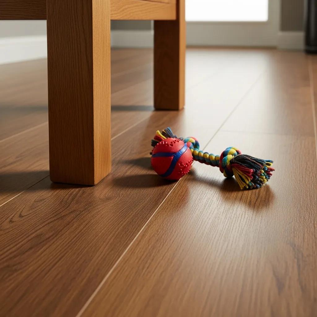 Close-up of Quick Step laminate flooring in a high-traffic area, highlighting its scratch-resistant surface and durability