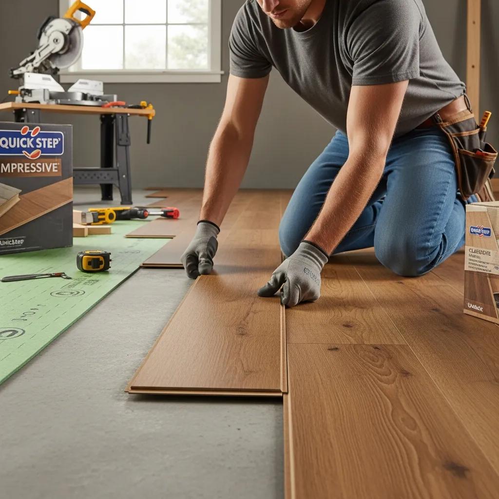 Person installing Quick Step laminate flooring with click-lock system, demonstrating ease of installation and quality